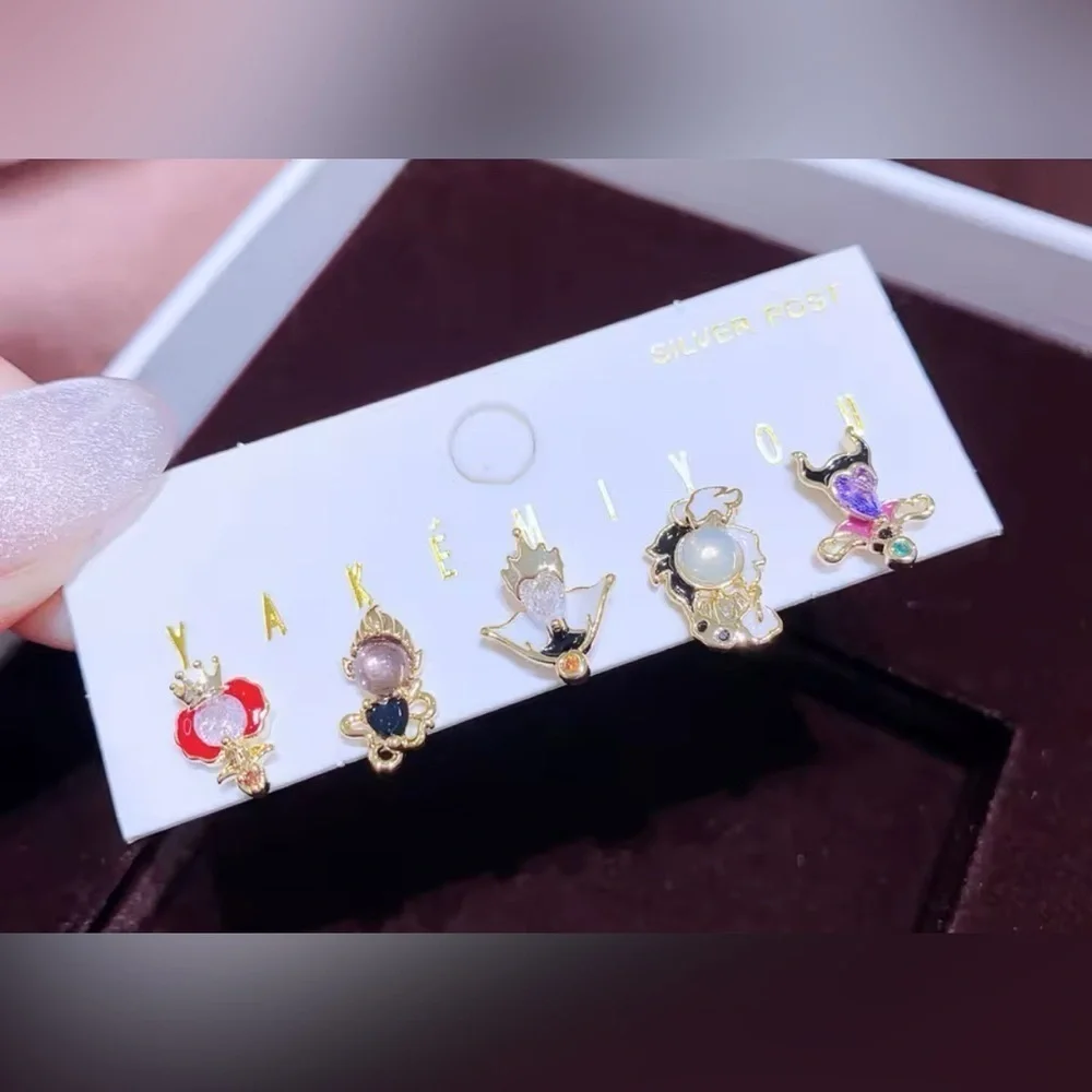 14K Gold Disney Villains Gemstone Theme Earrings Mismatched Stud Set